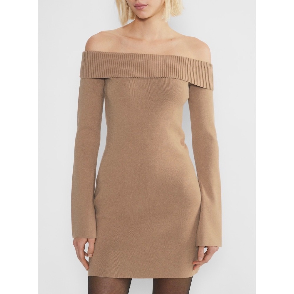 Sunday Best Firebird Long sleeve Dress Knit Women Medium Camel Off Shoulder Mini